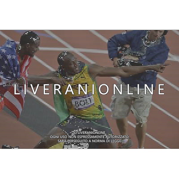 Usain Bolt Jamaica winner of the men\'s 100m final celebrates . Olympic Stadium, Olympic Park, Stratford. London AG ALDO LIVERANI S A S ONLY ITALY