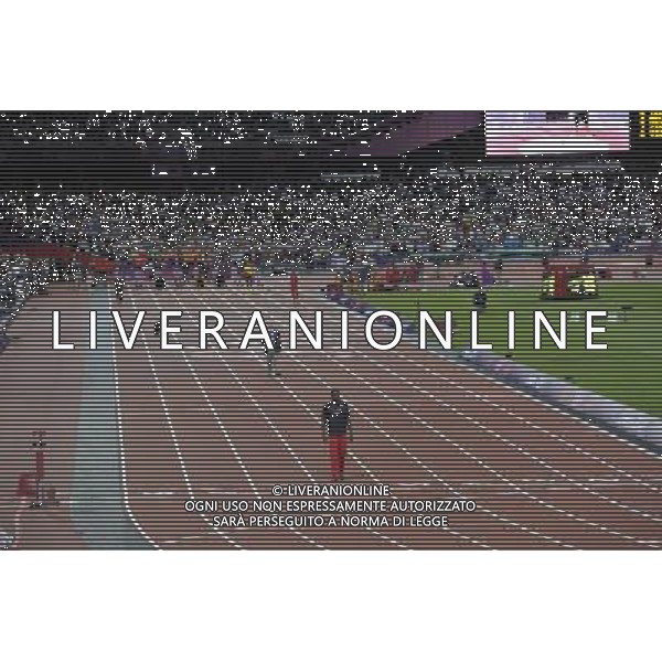 Justin Gatlin by the finish line before the start of the Men\'s 100m final. Olympic Stadium, Olympic Park, Stratford. London AG ALDO LIVERANI S A S ONLY ITALY