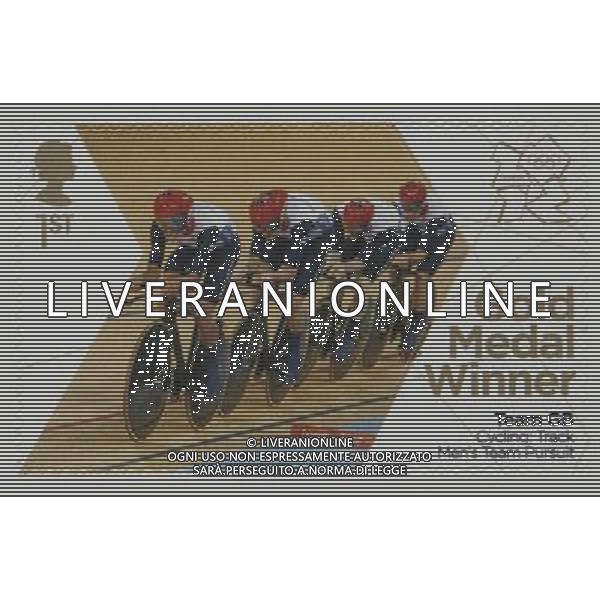 Great Britain\'s gold medal winners of the London 2012 Olympics have been honoured by the Royal Mail with special stamps which have been printed within hours of the medal ceremonies. Pic shows: Team GB (Ed Clancy, Geraint Thomas, Steven Burke, Peter Kennaugh), gold medallists in the Men\'s Team Pursuit Cycling AG ALDO LIVERANI SAS - ITALY ONLY -