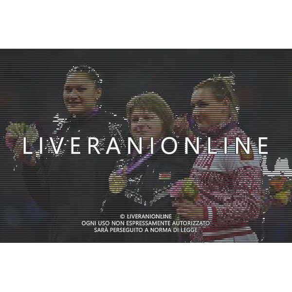 Valerie Adams (New Zealand) Silver medalist, Nadzeya Ostapchuk (Belarus) gold medalist and Evgeniia Kolodko (Russia) Bronze medalist Women\'s Shot Putt. Olympic Stadium, Olympic Park, Stratford. London AG ALDO LIVERANI S A S ONLY ITALY