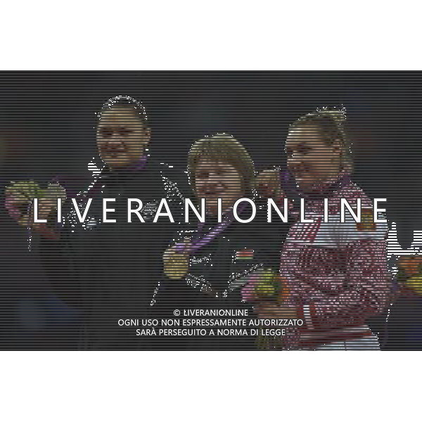 Valerie Adams (New Zealand) Silver medalist, Nadzeya Ostapchuk (Belarus) gold medalist and Evgeniia Kolodko (Russia) Bronze medalist Women\'s Shot Putt. Olympic Stadium, Olympic Park, Stratford. London AG ALDO LIVERANI S A S ONLY ITALY