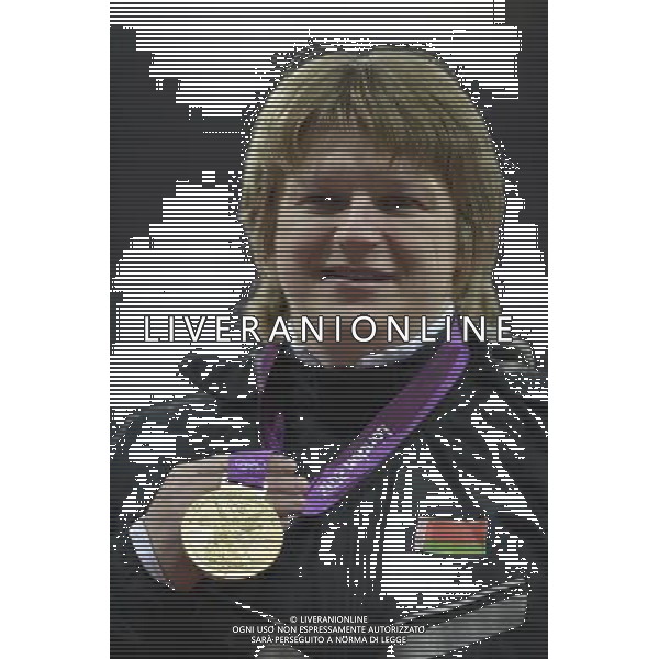 Nadzeya Ostapchuk (Belarus) gold medalist Women\'s Shot Putt. Olympic Stadium, Olympic Park, Stratford. London AG ALDO LIVERANI S A S ONLY ITALY