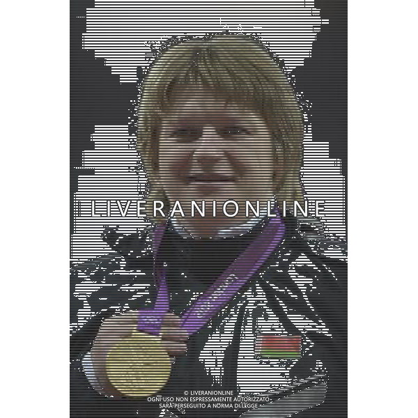 Nadzeya Ostapchuk (Belarus) gold medalist Women\'s Shot Putt. Olympic Stadium, Olympic Park, Stratford. London AG ALDO LIVERANI S A S ONLY ITALY