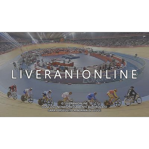 Cyclists in the 1st round of the men\'s Keirin.. Velodrome, Olympic Park, Stratford. London AG ALDO LIVERANI S A S ONLY ITALY