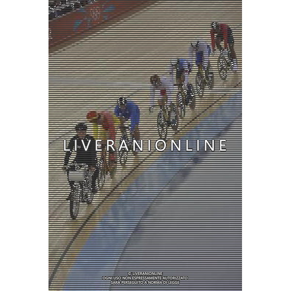 Cyclists in the 1st round of the men\'s Keirin.. Velodrome, Olympic Park, Stratford. London AG ALDO LIVERANI S A S ONLY ITALY
