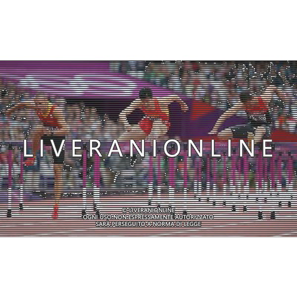 (120807) -- LONDON, Aug. 7, 2012 () -- China\'s Shi Dongpeng (C) competes during men\'s 110m hurdles heat at London 2012 Olympic Games, London, Britain, Aug. 7, 2012. Shi Dongpeng was disqualified for the final with 13.78. (/Liao Yujie)(zgp) AG ALDO LIVERANI S A S ONLY ITALY