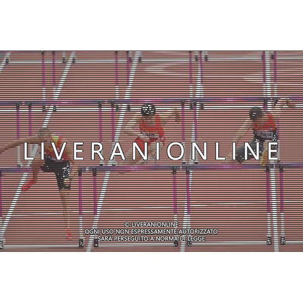 (120807) -- LONDON, Aug. 7, 2012 () -- China\'s Shi Dongmei (C) competes during men\'s 110m hurdles heat at London 2012 Olympic Games, London, Britain, Aug. 7, 2012. Shi Dongpeng was disqualified for the final with 13.78. (/Chen Xiaowei)(zgp) AG ALDO LIVERANI S A S ONLY ITALY