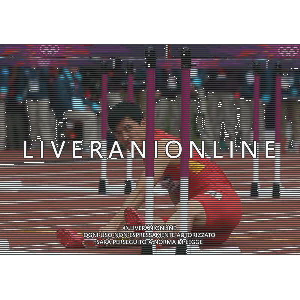 (120807) -- LONDON, Aug. 7, 2012 () -- China\'s Liu Xiang sits on ground after men\'s 110m hurdles heat at London 2012 Olympic Games, London, Britain, Aug. 7, 2012. Liu Xiang tumbled was disqualified for semifinal.(/Wang Lili)(zgp) AG ALDO LIVERANI S A S ONLY ITALY
