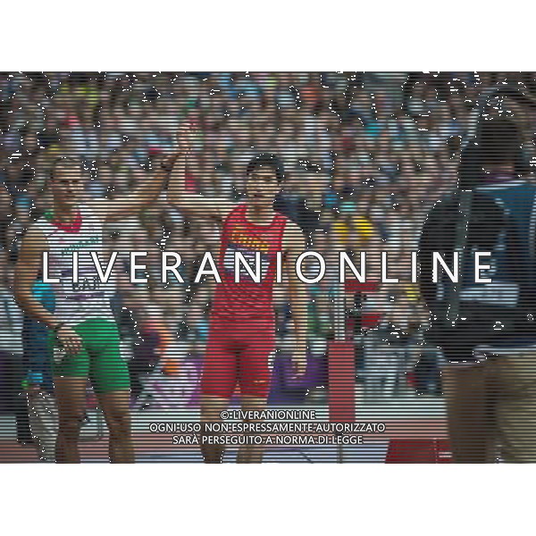 (120807) -- LONDON, Aug. 7, 2012 () -- China\'s Liu Xiang (R) and Hungary\'s Balazs Baji react after men\'s 110m hurdles heat at London 2012 Olympic Games, London, Britain, Aug. 7, 2012. Liu Xiang tumbled and was disqualified for semifinal.(/Yang Lei)(zgp) AG ALDO LIVERANI S A S ONLY ITALY