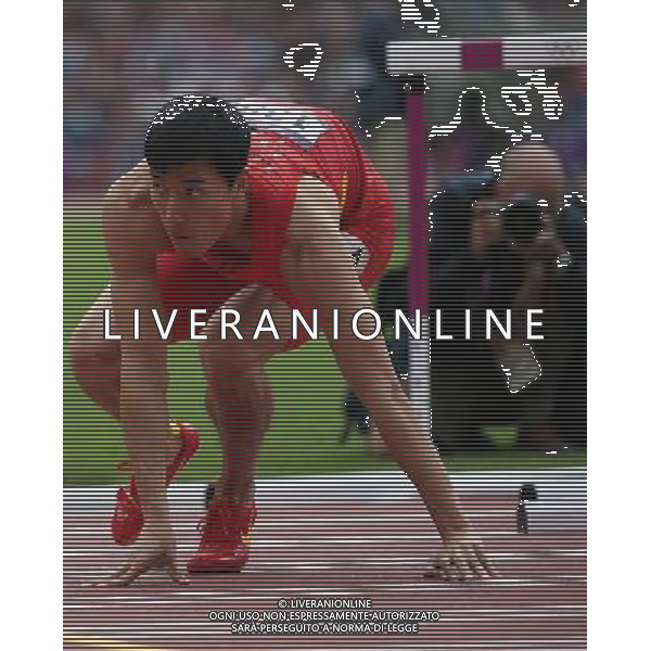 (120807) -- LONDON, Aug. 7, 2012 () -- China\'s Liu Xiang stands up after falling over during men\'s 110m hurdles heat at London 2012 Olympic Games, London, Britain, Aug. 7, 2012. Liu Xiang tumbled and was disqualified for semifinal.(/Li Ming)(zgp) AG ALDO LIVERANI S A S ONLY ITALY