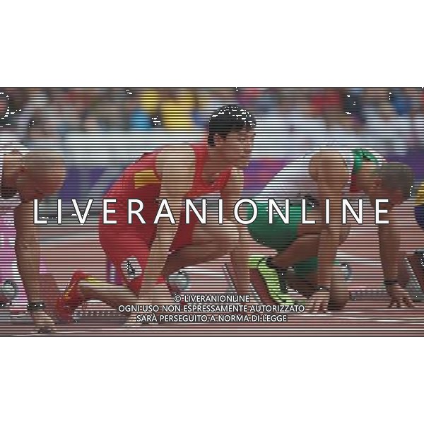 (120807) -- LONDON, Aug. 7, 2012 () -- China\'s Liu Xiang prepares to start during men\'s 110m hurdles heat at London 2012 Olympic Games, London, Britain, Aug. 7, 2012. Liu Xiang tumbled and was disqualified for semifinal.(/Li Ming)(zgp) AG ALDO LIVERANI S A S ONLY ITALY