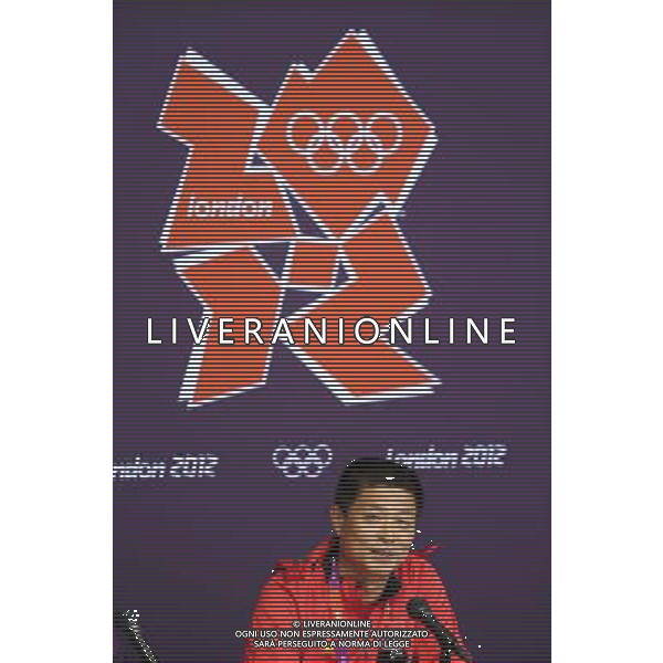 (120807) -- LONDON, Aug. 7, 2012 () -- Feng Shuyong, vice president of Chinese Athletics Association and also head coach of the national athletics squad, attends a press conference after men\'s 110m hurdles at London 2012 Olympic Games, London, Britain, Aug. 7, 2012. Liu Xiang and his coach Sun Haiping did not attend the press conference. (/Liao Yujie)(zgp) AG ALDO LIVERANI S A S ONLY ITALY