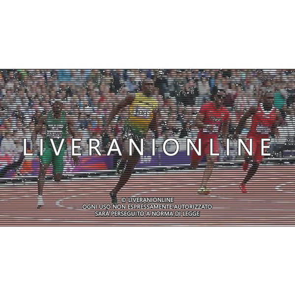 (120807) -- LONDON, Aug. 7, 2012 () -- Usain Bolt (2nd L) of Jamaica competes during men\'s 200m heat at London 2012 Olympic Games, London, Britain, Aug. 7, 2012. Bolt advanced to semifinal with 20.39. (/Li Ming)(zgp) AG ALDO LIVERANI S A S ONLY ITALY