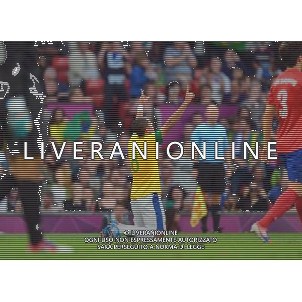 (120807) -- LONDON, Aug. 7, 2012 () -- Romulo of Brazil celebrates a goal during men\'s football semifinal match between Brazil and South Korea, at London 2012 Olympic Games in Manchester, Britain, on August 7, 2012. Brazil won 3-0. (/Liu Dawei) (nxl) AG ALDO LIVERANI S A S ONLY ITALY