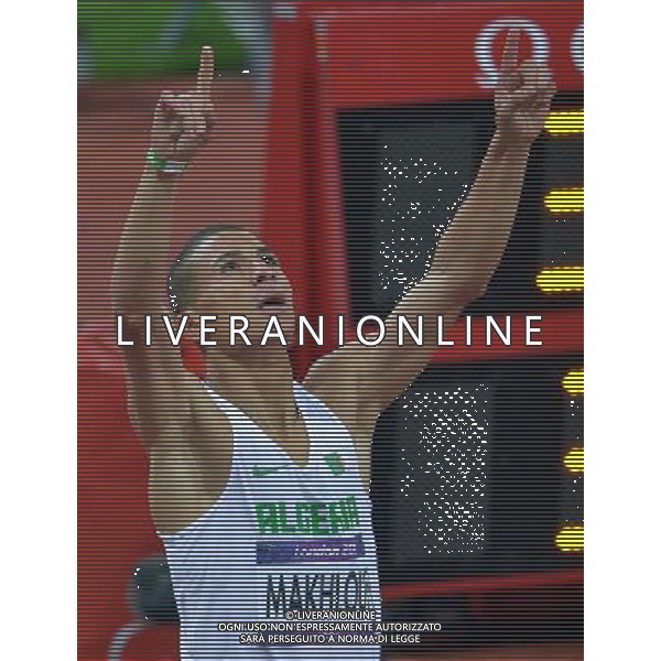 (120807) -- LONDON, Aug. 7, 2012 () -- Taoufik Makhloufi of Algeria celebrates aftetr winning in men\'s 1500m final contest, at London 2012 Olympic Games in London, Britain, on August 7, 2012. Taoufik Makhloufi of Algeria won gold medal. (/Chen Xiaowei) (nxl) AG ALDO LIVERANI S A S ONLY ITALY