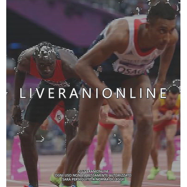 (120807) -- LONDON, Aug. 7, 2012 () -- David Lekuta Rudisha of Kenya (L) waits for the start of men\'s 800m semifinals heat 1 competition at London 2012 Olympic Games, London, Britain, Aug. 7, 2012. David Lekuta Rudisha finished with a time of 1:44.35 and qualified for the final. (/Chen Xiaowei) AG ALDO LIVERANI S A S ONLY ITALY
