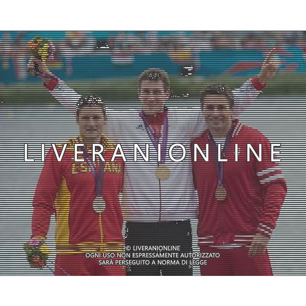 (120807) -- LONDON, Aug. 7, 2012 () -- Gold medalist Sebastian Brendel of Germany (C), silver medalist David Cal Figueroa of Spain (L) and bronze medalist Mark Oldershaw of Canada attend victory ceremony of men\'s 1000m Canoe Single (C1) competition of Canoe Sprint event, at London 2012 Olympic Games in Britain, on August 7, 2012. (/Cheng Min) (nxl) AG ALDO LIVERANI S A S ONLY ITALY