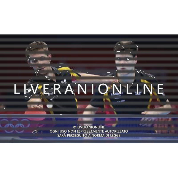 (120808) -- LONDON, Aug. 8, 2012 () -- Bastian Steger (L) and Dimitrij Ovtcharovat of Germany compete during men\'s Table Tennis team bronze medal contest between Germany and Chinese Hong Kong, at London 2012 Olympic Games in London, Britain, on August 8, 2012. Germany won 3-1. (/Wang Qingqin) (nxl) /PHOTOSHOT/AG ALDO LIVERANI SAS ITALY ONLY -