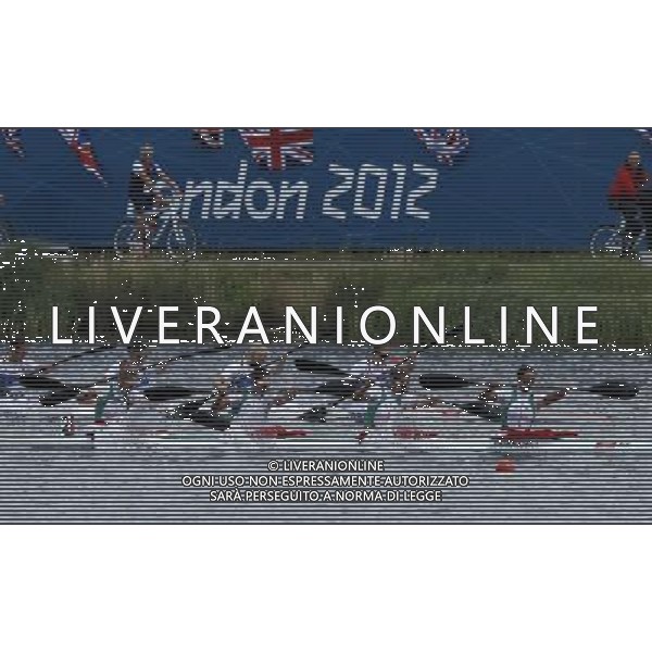 (120808) -- LONDON, Aug. 8, 2012 () -- Belarus team (front) competes with the British team during women\'s 500m kayak four (K4) competition of Canoe Sprint event, at London 2012 Olympic Games in Britain, on August 8, 2012. The Hungarian team won gold medal. The Belarus team won bronze medal. (/Shen Bohan) (nxl) /PHOTOSHOT/AG ALDO LIVERANI SAS ITALY ONLY -