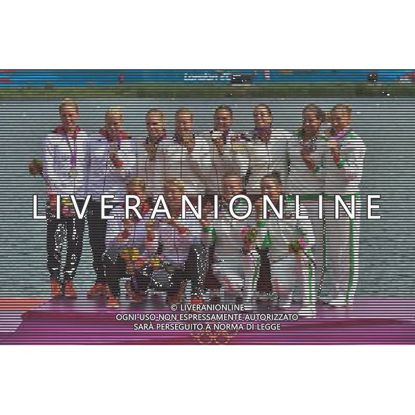 (120807) -- LONDON, Aug. 7, 2012 () -- Gold medalists of the Hungarian team (C), silver medalists of the German team (L) and bronze medalists of the Belarus team attend victory ceremony of women\'s 500m kayak four (K4) competition of Canoe Sprint event, at London 2012 Olympic Games in Britain, on August 7, 2012. (/Cheng Min) (nxl) /PHOTOSHOT/AG ALDO LIVERANI SAS ITALY ONLY -
