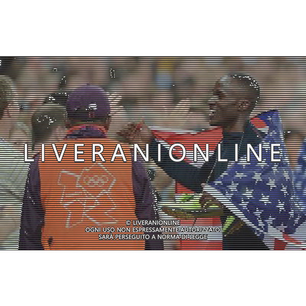 (120809) -- LONDON, Aug. 9, 2012 () -- Will Claye (R) of USA celebrates after men\'s triple jump final, at London 2012 Olympic Games, London, Britain, Aug. 9, 2012. Will Claye of USA won silver medal in this event. (/Yang Zongyou)(zgp) ©photoshot/AGENZIA ALDO LIVERANI SAS - ITALY ONLY - GIOCHI OLIMPICI, OLIMPIADI LONDRA 2012