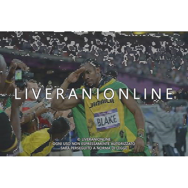 (120809) -- LONDON, Aug. 9, 2012 () -- Yohan Blake of Jamaica celebrates after men\'s 200m final, at London 2012 Olympic Games, London, Britain, Aug. 9, 2012. Jamaican athletes Usain Bolt, Yohan Blake and Warren Weir won gold, silver and bronze medals in this event. (/Yang Zongyou)(zgp) ©photoshot/AGENZIA ALDO LIVERANI SAS - ITALY ONLY - GIOCHI OLIMPICI, OLIMPIADI LONDRA 2012