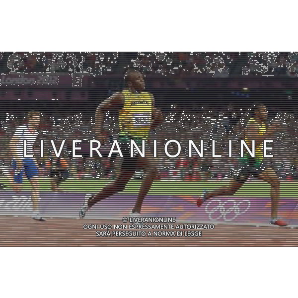 (120809) -- LONDON, Aug. 9, 2012 () -- Usain Bolt (C) of Jamaica competes in men\'s 200m final, at London 2012 Olympic Games, London, Britain, Aug. 9, 2012. Usain Bolt won gold medal with 19.32. (/Fan Jun)(zgp) ©photoshot/AGENZIA ALDO LIVERANI SAS - ITALY ONLY - GIOCHI OLIMPICI, OLIMPIADI LONDRA 2012