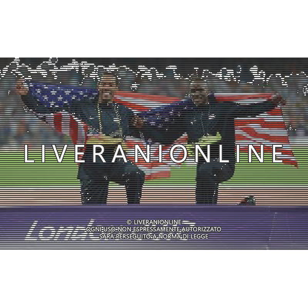(120809) -- LONDON, Aug. 9, 2012 () -- Christian Taylor (L) of USA celebrates with teammate Will Claye after men\'s triple jump final, at London 2012 Olympic Games, London, Britain, Aug. 9, 2012. Christian Taylor and Will Claye of USA won gold and silver medal in this event. (/Yang Zongyou)(zgp) ©photoshot/AGENZIA ALDO LIVERANI SAS - ITALY ONLY - GIOCHI OLIMPICI, OLIMPIADI LONDRA 2012