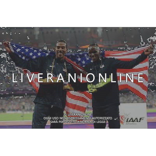 (120809) -- LONDON, Aug. 9, 2012 () -- Christian Taylor (L) of USA celebrates with teammate Will Claye after men\'s triple jump final, at London 2012 Olympic Games, London, Britain, Aug. 9, 2012. Christian Taylor and Will Claye of USA won gold and silver medal in this event. (/Yang Zongyou)(zgp) ©photoshot/AGENZIA ALDO LIVERANI SAS - ITALY ONLY - GIOCHI OLIMPICI, OLIMPIADI LONDRA 2012