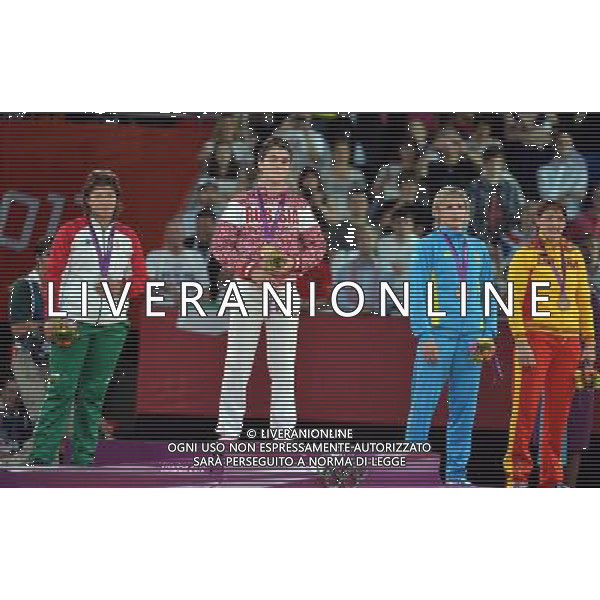 (120809) -- LONDON, Aug. 9, 2012 () -- Gold medalist Natalia Vorobieva of Russia (2nd L), silver medalist Stanka Zlateva Hristova of Bulgaria (1st L), bronze medalists Guzel Manyurova of Kazakhstan (2nd R) and Maider Unda of Spain pose at the awarding ceremony of women\'s wrestling freestyle 72kg at London 2012 Olympic Games in London, Britain, on August 9, 2012. (/Gesang Dawa) ©photoshot/AGENZIA ALDO LIVERANI SAS - ITALY ONLY - GIOCHI OLIMPICI, OLIMPIADI LONDRA 2012