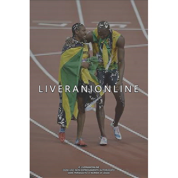 Yohan Blake (L) and Usain Bolt (R). Olympic Stadium, Olympic Park, Stratford. London ©PHOTOSHOT/AGENZIA ALDO LIVERANI SAS - ITALY ONLY - GIOCHI OLIMPICI, OLIMPIADI LONDRA 2012