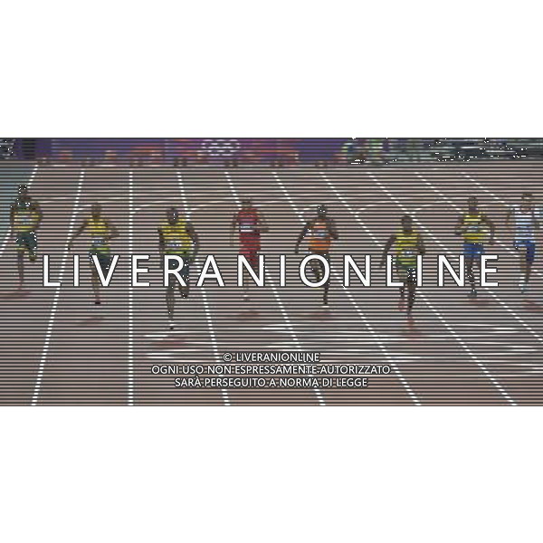 Men\'s 200m Final. L to R: Anaso Jobodwana (South Africa), Warren Weir (Jamaica), Usain Bolt (Jamaica), Wallace Spearmon (USA), Churandy Martina (Netherlands), Yohan Blake (Jamaica), Alex Quinonez (Ecuador) and Christophe Lemaitre (France). Olympic Stadium, Olympic Park, Stratford. London ©PHOTOSHOT/AGENZIA ALDO LIVERANI SAS - ITALY ONLY - GIOCHI OLIMPICI, OLIMPIADI LONDRA 2012