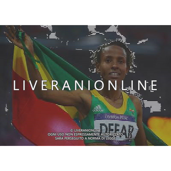 (120810) -- LONDON, Aug. 10, 2012 () -- Meseret Defar of Ethiopia celebrates after women\'s 5000m final at London 2012 Olympic Games, London, Britain, Aug. 10, 2012. Meseret Defar won gold medal with 15:04.25. (/Gesang Dawa)(zgp) ©photoshot/Agenzia Aldo Liverani Sas - ITALY ONLY - GIOCHI OLIMPICI, OLIMPIADI LONDRA 2012