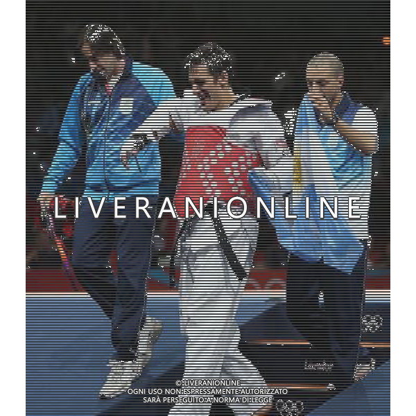 (120810) -- LONDON, Aug. 10, 2012 () -- Sebastian Eduardo Crismanich of Argentina (red) celebrates after winning over Nicolas Garcia Hemme of Spain during the gold medal match of men\'s Taekwondo -80kg event at London 2012 Olympic Games in London, Britain, on August 10, 2012. Sebastian Eduardo Crismanich of Argentina won the match and claimed the gold medal of the event. (/Wang Lili) AG ALDO LIVERANI S A S ONLY ITALY