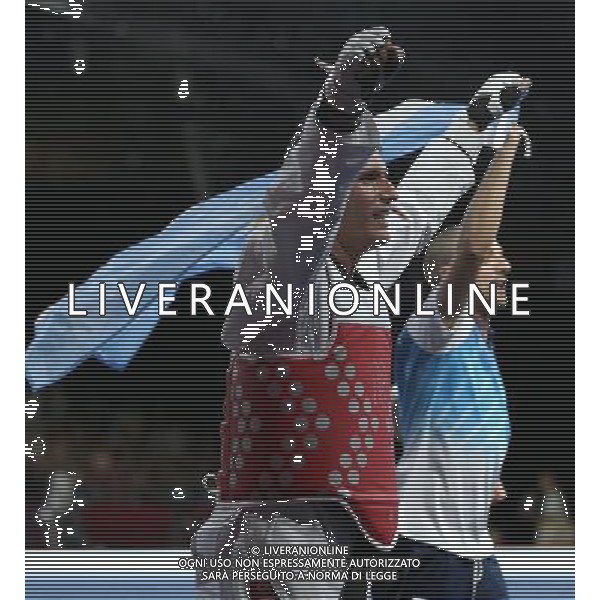 (120810) -- LONDON, Aug. 10, 2012 () -- Sebastian Eduardo Crismanich of Argentina (red) celebrates after winning over Nicolas Garcia Hemme of Spain during the gold medal match of men\'s Taekwondo -80kg event at London 2012 Olympic Games in London, Britain, on August 10, 2012. Sebastian Eduardo Crismanich of Argentina won the match and claimed the gold medal of the event. (/Wang Lili) AG ALDO LIVERANI S A S ONLY ITALY