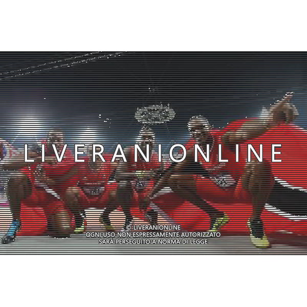 (120810) -- LONDON, Aug. 10, 2012 () -- Runners of Trinidad And Tobago celebrate after men\'s 4x400m relay final at London 2012 Olympic Games, London, Britain, Aug. 10, 2012. The team of Trinidad And Tobago won bronze medal with 2:59.40. (/Yin Gang)(zgp) AG ALDO LIVERANI S A S ONLY ITALY