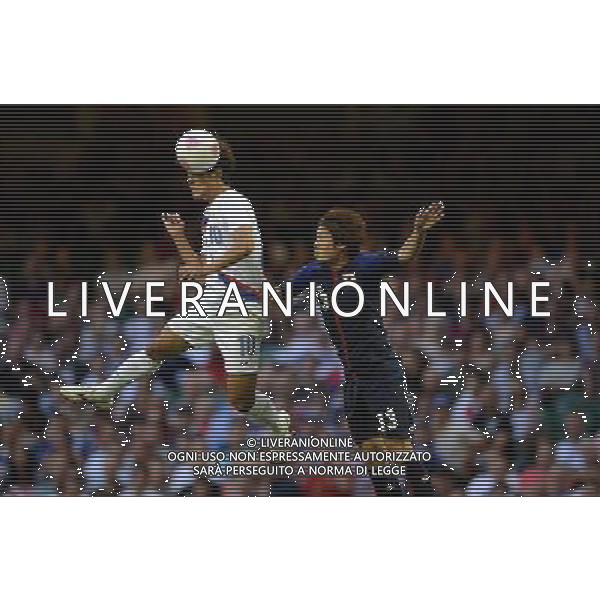 (120810) -- LONDON, Aug. 10, 2012 () -- Park Chuyoung (L) of South Korea heads the ball with Daisuke Suzuki of Japan during the men\'s football bronze medal match at London 2012 Olympic Games, London, Britain, Aug. 10, 2012. South Korea won the match 2-0 and claimed the bronze medal of the event. (/Wang Qingqin) AG ALDO LIVERANI S A S ONLY ITALY