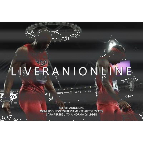 (120810) -- LONDON, Aug. 10, 2012 () -- Runners of U.S. leave after men\'s 4x400m relay final at London 2012 Olympic Games, London, Britain, Aug. 10, 2012. The U.S. team won silver medal. (/Li Gang)(zgp) AG ALDO LIVERANI S A S ONLY ITALY