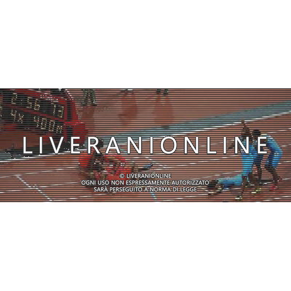 (120810) -- LONDON, Aug. 10, 2012 () -- Runners of Bahamas (R) celebrate after men\'s 4x400m relay final at London 2012 Olympic Games, London, Britain, Aug. 10, 2012. The Bahamian team won gold medal with 2:56.72. (/Wu Xiaoling)(zgp) AG ALDO LIVERANI S A S ONLY ITALY