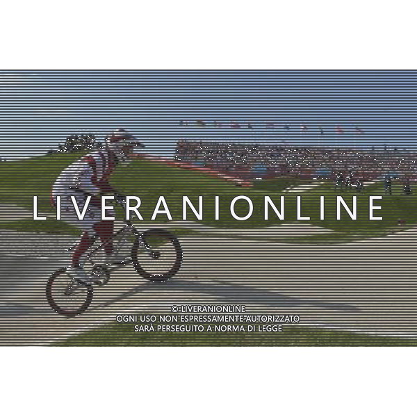 Maris Strombergs (Latvia) winner of the Gold Medal seen competing in the BMX event at the Olympic Games. BMX Track, Olympic Park, Stratford. London ©photoshot/Agenzia Aldo Liverani Sas - ITALY ONLY - GIOCHI OLIMPICI, OLIMPIADI LONDRA 2012