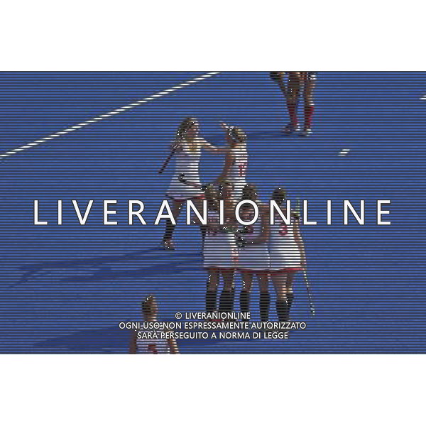 (120810) -- LONDON, Aug. 10, 2012 () -- Belgian players celebrate after women\'s hockey classification 11th-12th match between Belgium and USA, at London 2012 Olympic Games in London, Britain, on August 10, 2012. Belgium won 2-1. (/Shen Bohan) (nxl) ©photoshot/Agenzia Aldo Liverani Sas - ITALY ONLY - GIOCHI OLIMPICI, OLIMPIADI LONDRA 2012