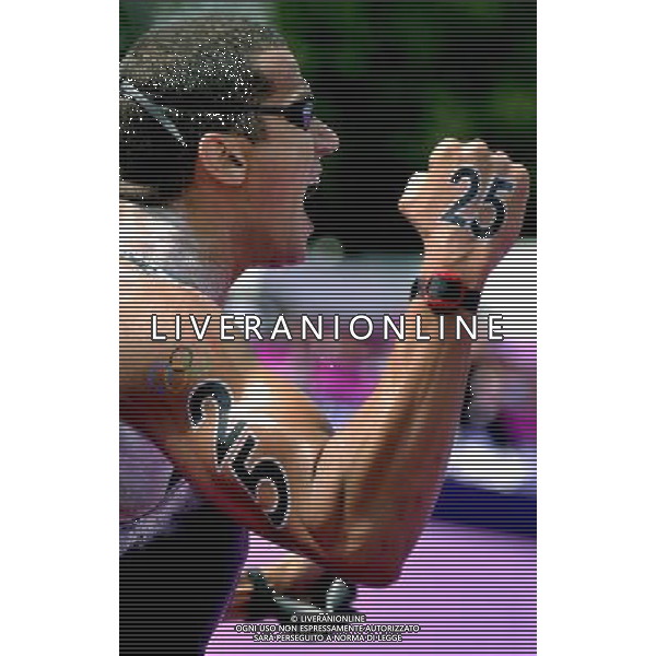 (120810) -- LONDON, Aug. 10, 2012 () -- Oussama Mellouli of Tunisia celebrates after winning in men\'s swimming 10km marathon, at London 2012 Olympic Games in London, Britain, on August 10, 2012. (/Chen Xiaowei) (nxl) ©photoshot/Agenzia Aldo Liverani Sas - ITALY ONLY - GIOCHI OLIMPICI, OLIMPIADI LONDRA 2012