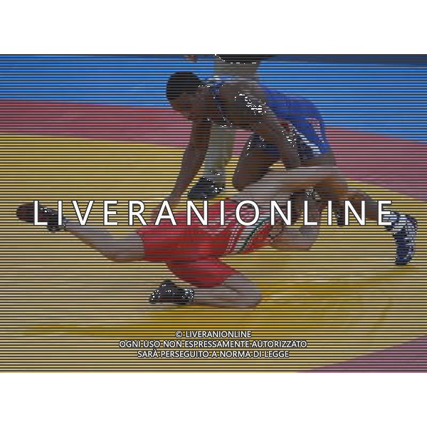 (120810) -- LONDON, Aug. 10, 2012 () -- Jordan Ernest Burroughs of USA (in blue) competes with Sadegh Saeed Goudarzi of Iran during men\'s wrestling freestyle 74kg gold medal contest, at London 2012 Olympic Games in London, Britain, on August 10, 2012. Jordan Ernest Burroughs of USA won gold medal. (/Guo Yong) (nxl) ©photoshot/Agenzia Aldo Liverani Sas - ITALY ONLY - GIOCHI OLIMPICI, OLIMPIADI LONDRA 2012