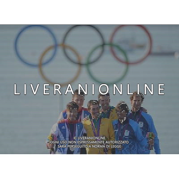 (120810) -- WEYMOUTH, Aug. 10, 2012 () -- Gold medalists Mathew Belcher/Malcolm Page of Australia, silver medalists Luke Patience/Stuart Bithell of Britain, and bronze medalists Lucas Calabrese/Juan de la Fuente of Argentina pose at awarding ceremony of 470 men competition of sailing event, at London 2012 Olympic Games in Weymouth and Portland, Britain, August 10, 2012. (/Zeng Yi) (zgp) ©photoshot/Agenzia Aldo Liverani Sas - ITALY ONLY - GIOCHI OLIMPICI, OLIMPIADI LONDRA 2012