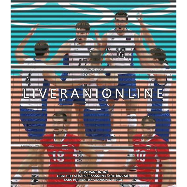 (120810) -- LONDON, Aug. 10, 2012 () -- Russian players celebrate during men\'s volleyball semifinal between Russia and Bulgaria at London 2012 Olympic Games, London, Britain, Aug. 10, 2012. Russia won the match 3-1. (/Fan Jun)(zgp) ©photoshot/Agenzia Aldo Liverani Sas - ITALY ONLY - GIOCHI OLIMPICI, OLIMPIADI LONDRA 2012