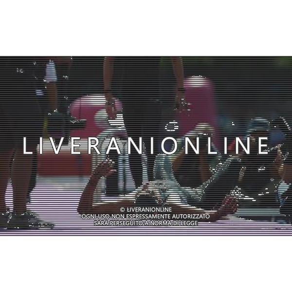 (120810) -- LONDON, Aug. 10, 2012 () -- Gold medalist Oussama Mellouli of Tunisia lies down after competing in men\'s swimming 10km marathon, at London 2012 Olympic Games in London, Britain, on August 10, 2012. (/Tao Xiyi) (nxl) ITALY ONLY - GIOCHI OLIMPICI, OLIMPIADI LONDRA 2012