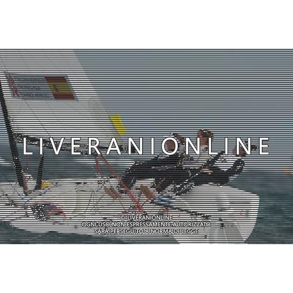 (120811) -- LONDON, Aug. 11, 2012 () -- The Spanish team competes in Elliott 6m WMR competition of Sailing event, at London 2012 Olympic Games in Britain, on August 11, 2012. The Spanish team won gold medal. (/Zeng Yi) (nxl) ITALY ONLY - GIOCHI OLIMPICI, OLIMPIADI LONDRA 2012