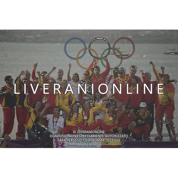 11.08.2012. Weymouth, Dorset, England. The Spanish team Celebrate After Elliott 6m Competition of sailing win London 2012 Olympic Games The Spanish team Won Gold Medal ITALY ONLY - GIOCHI OLIMPICI, OLIMPIADI LONDRA 2012