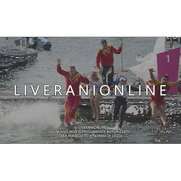 11.08.2012. Weymouth, Dorset, England. Members of The Spanish team Celebrate by jumoing into the harbour water After Winning in Elliott 6m Competition of sailing Event London 2012 Olympic Games The Spanish team Won Gold Medal ITALY ONLY - GIOCHI OLIMPICI, OLIMPIADI LONDRA 2012