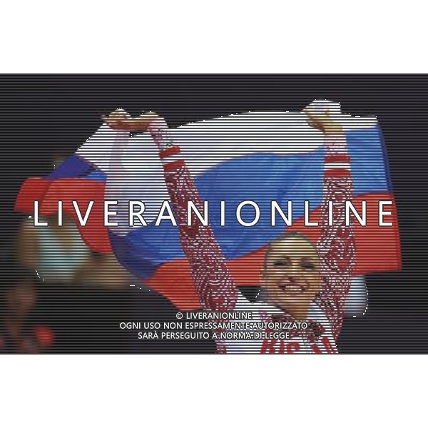 (120811) -- LONDON, Aug. 11, 2012 () -- Evgeniya Kanaeva of Russia celebrates after gymnastics rhythmic individual all-around event, at London 2012 Olympic Games in London, Britain, on August 11, 2012. Evgeniya Kanaeva of Russia won gold medal with 116.900. (/Tao Xiyi)(zgp) ©PHOTOSHOT/Agenzia Aldo Liverani Sas - ITALY ONLY - GIOCHI OLIMPICI, OLIMPIADI LONDRA 2012